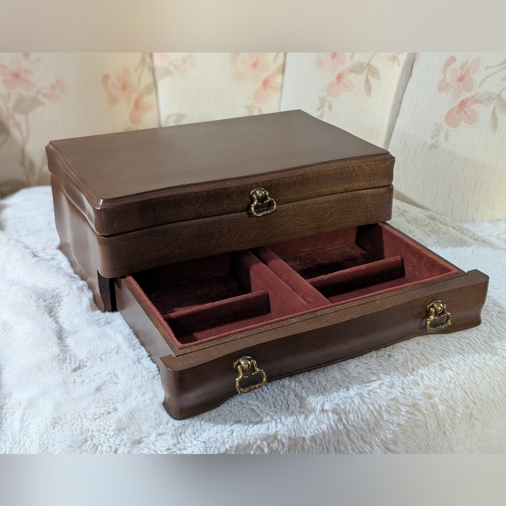 Elegant Brown Real Oak Wooden Jewelry Box Canada Jasco Vintage